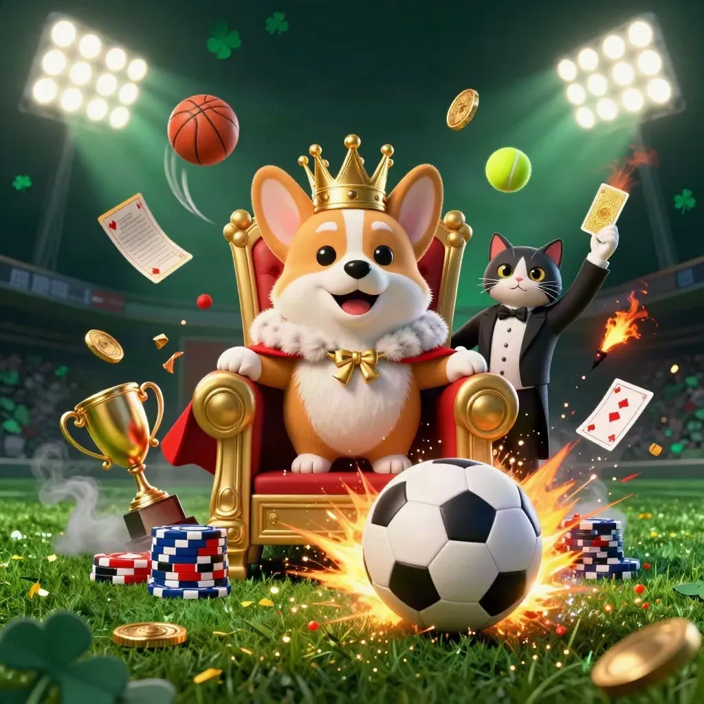 Royal corgi and cat butler amid flying sports balls, gold chips, and stadium beams.