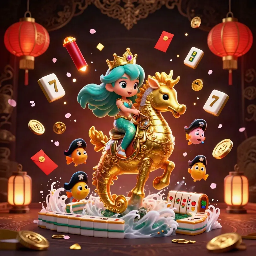 Mermaid princess on a golden seahorse with lanterns, jade coins, and jackpot glow