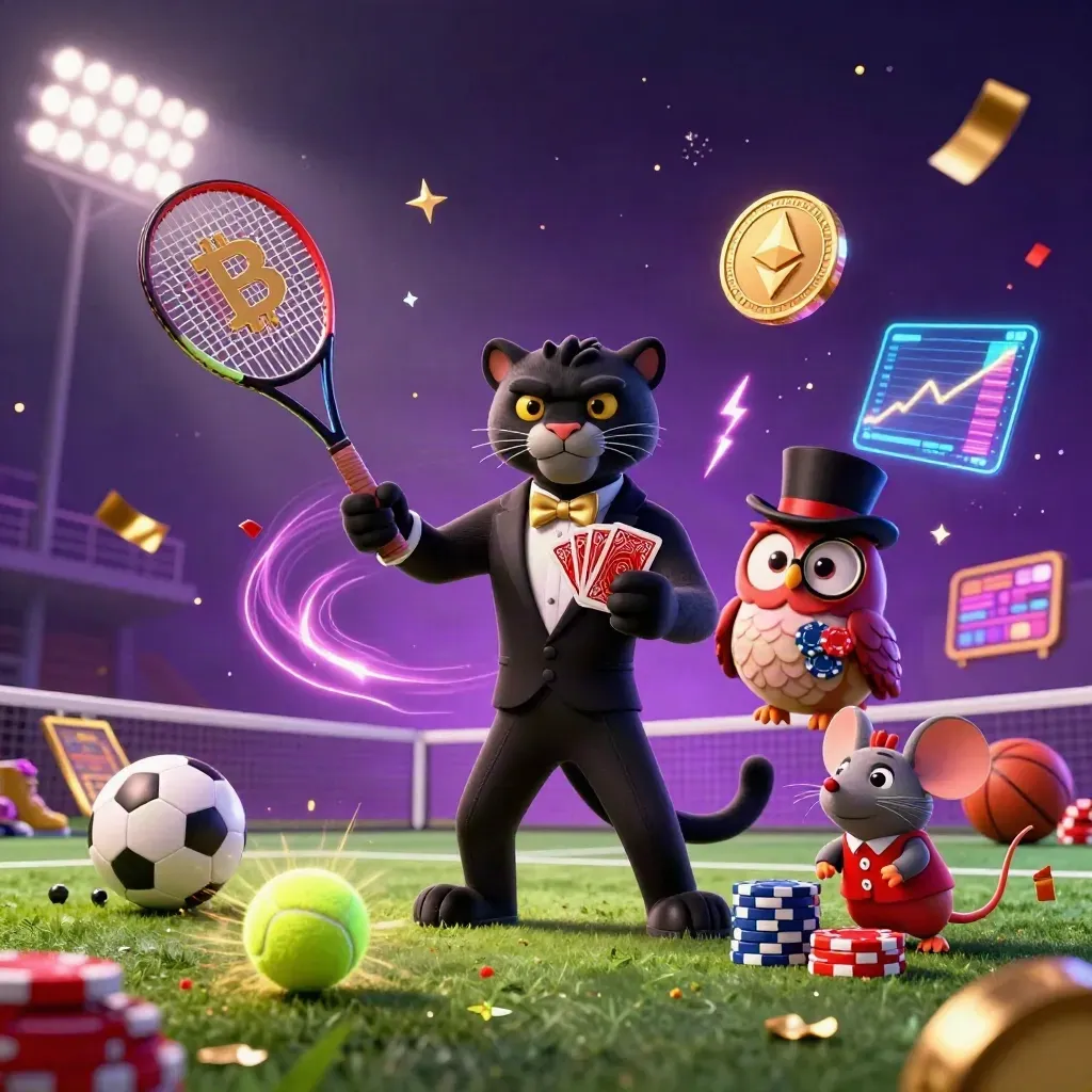 Tennis ball blast with casino mascots, neon coins, confetti and glowing court lights