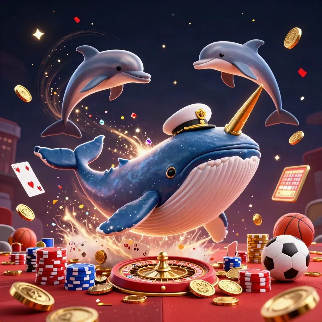 Whale captain, narwhal and dolphins burst through coins amid roulette, chips and casino sparks.