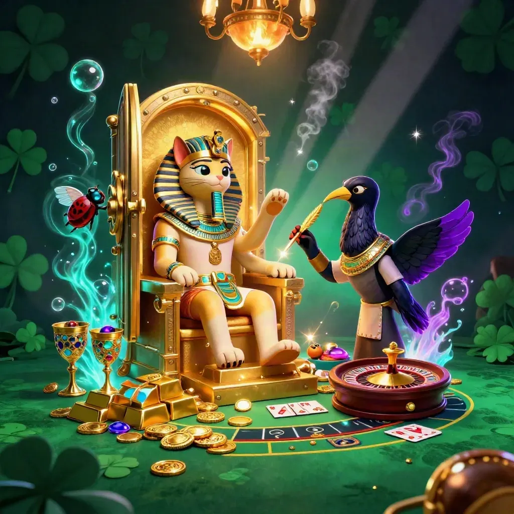 Pharaoh cat, ibis scribe, and gem-winged scarabs in a vault-lit casino scene.