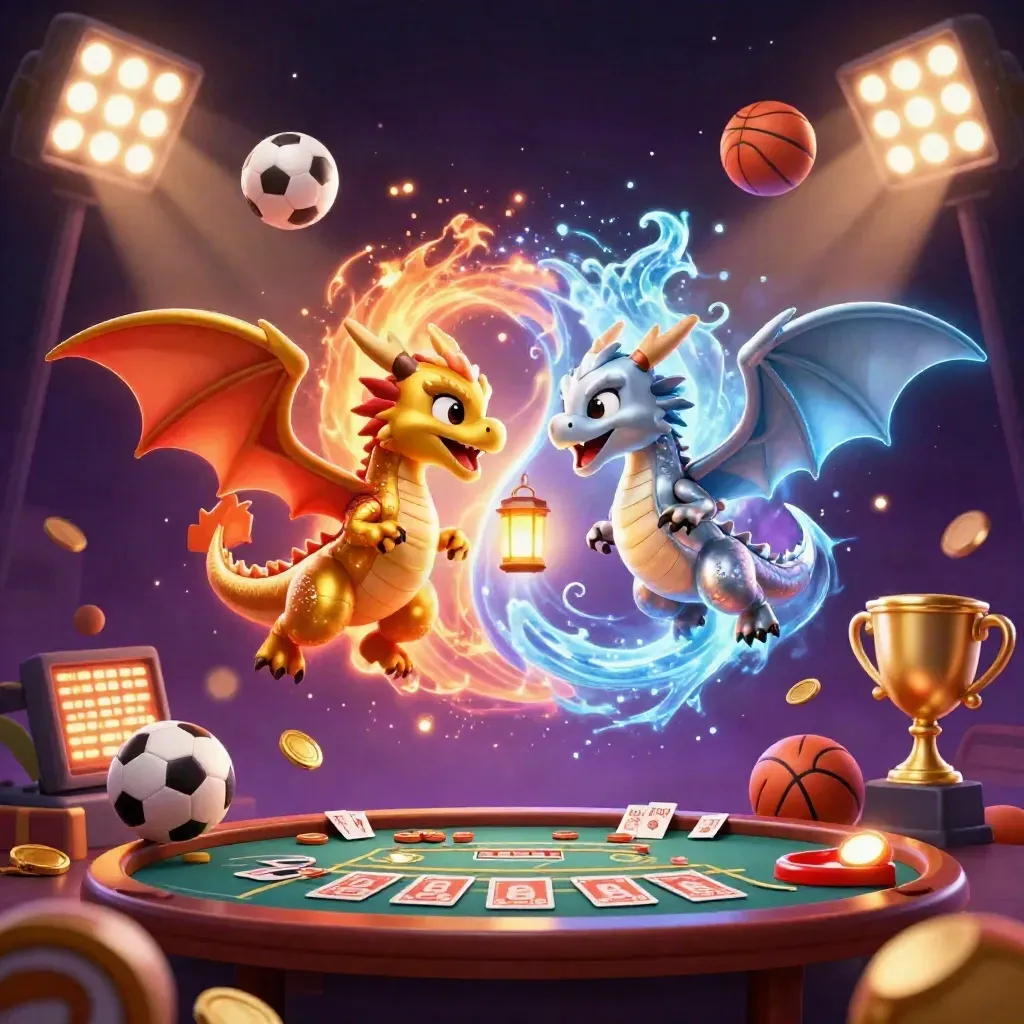 Gold and silver dragons spiral through casino lights, balls, coins, trophy, and magical energy.