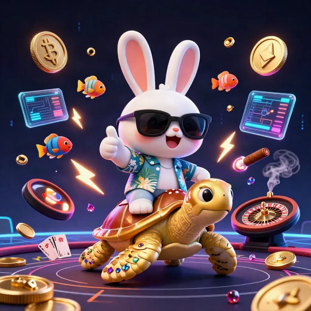 Lucky rabbit rides a golden turtle amid neon coins, cards, and casino glow
