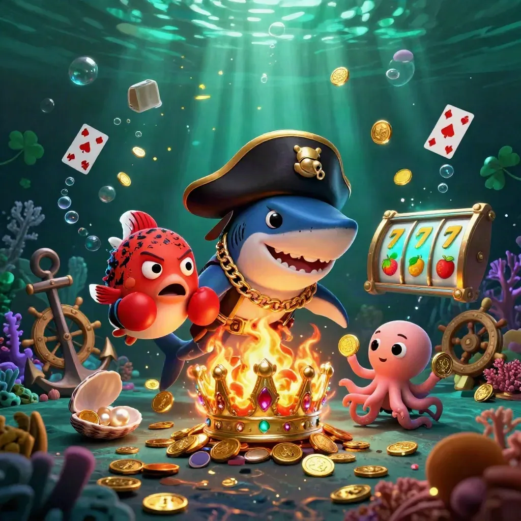 Pirate shark, boxing pufferfish, and coin-juggling octopus amid a jeweled underwater casino cove.