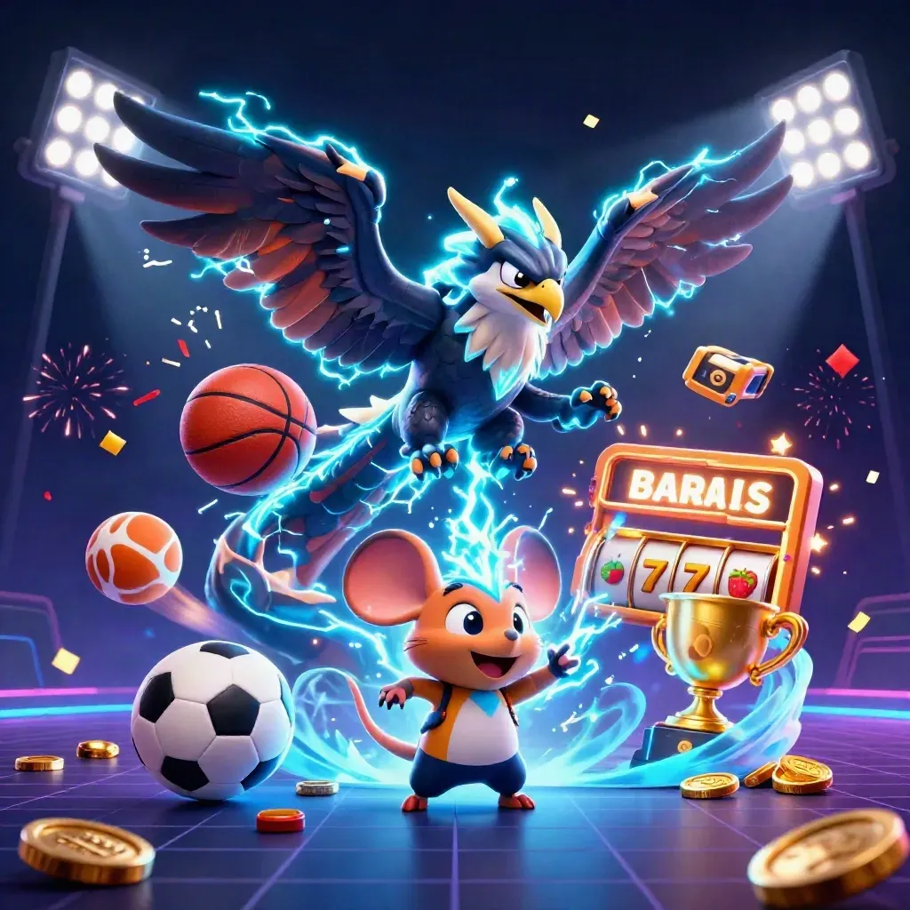 Thunder dragon, hawk, and mouse amid neon casino treasure, sports balls, and lightning.