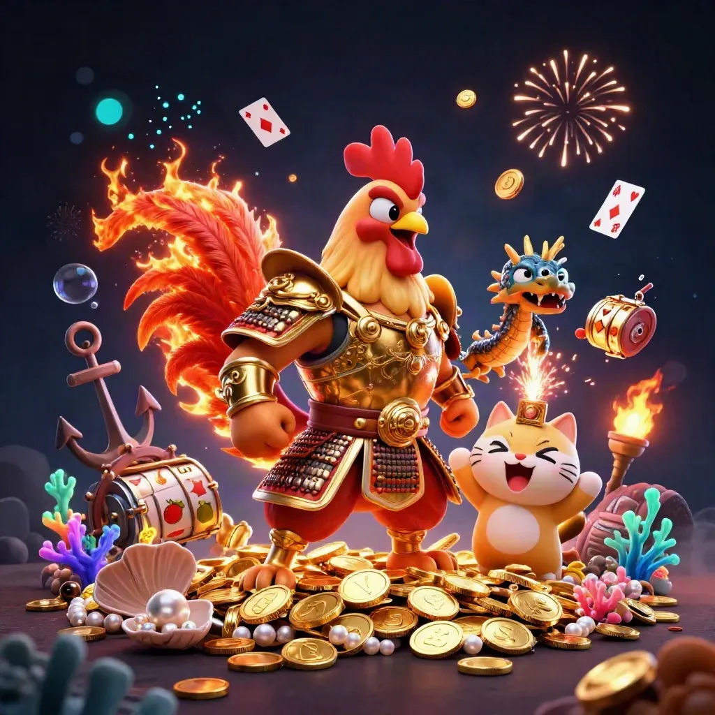 Rooster warrior, spark-breathing dragon hatchling and fortune cat amid coins, coral and fireworks.