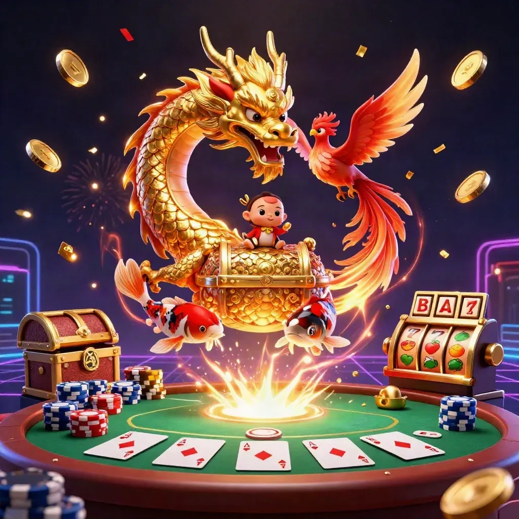 Golden dragon, phoenix, koi, poker chips and slot symbols in a luxe casino burst.