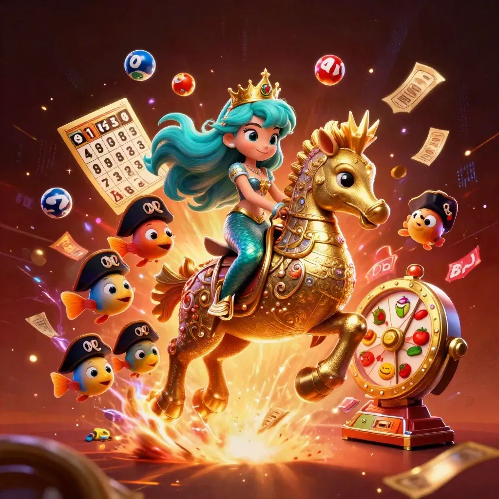 Mermaid princess rides golden seahorse amid fish, slots, jackpot sparks and casino effects.