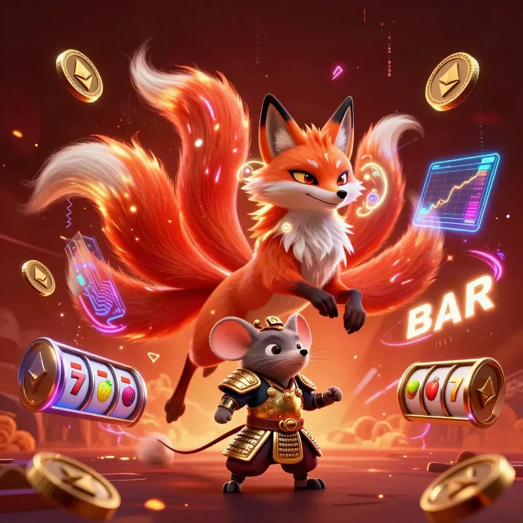 Neon nine-tailed fox spirit and armored mouse amid casino coins, reels, lightning, and ember glow.