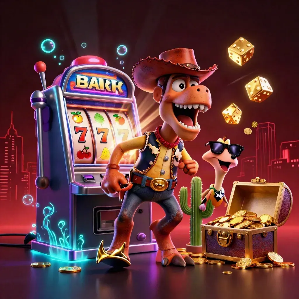 Cowboy T-Rex, cactus sidekick and roadrunner burst through a glowing slot machine in casino neon.