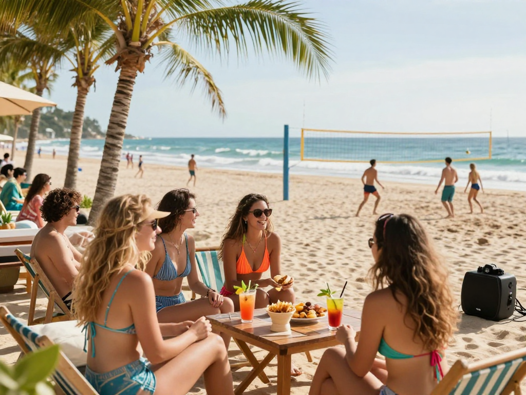Friends enjoying a lively beach day in BIKINISLOT swimsuits amidst tropical vibes.
