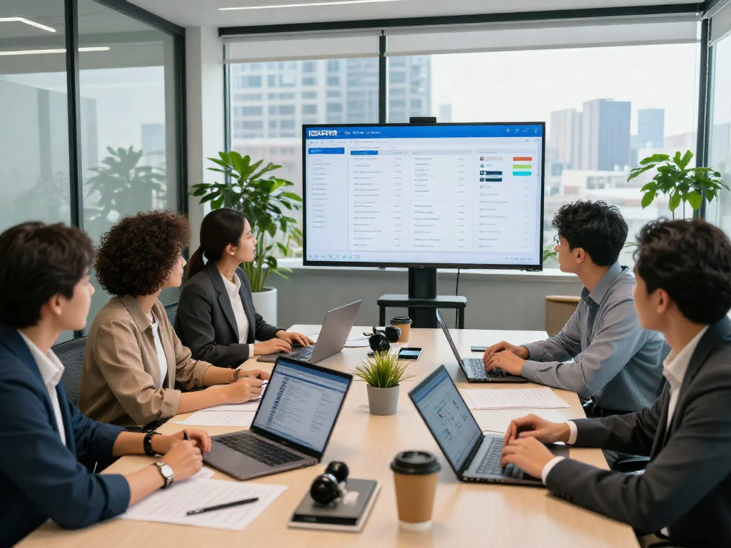 IDXSTAR software analysis in a lively real estate office team collaboration scene.